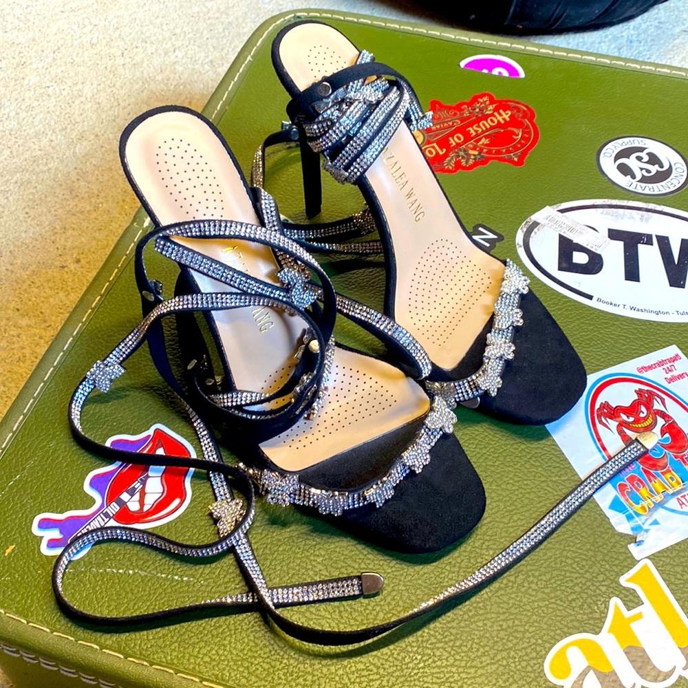Azalea Wang Rhinestone Butterfly Wrap-up Black Suede Stilleto Heels